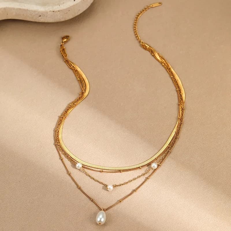 Gold Plated Multi-Layer Pearl Necklace for Women & Girls | Elegant Layered Chain Necklace with Faux Pearl Pendant — thumbnail 2
