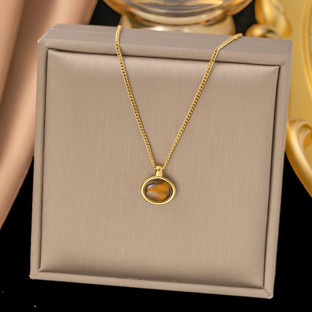 Gold Plated Natural Stone Oval Pendant Necklace for Women & Girls | Minimalist Korean Style Fashion Chain | Pack of 1 — view 1