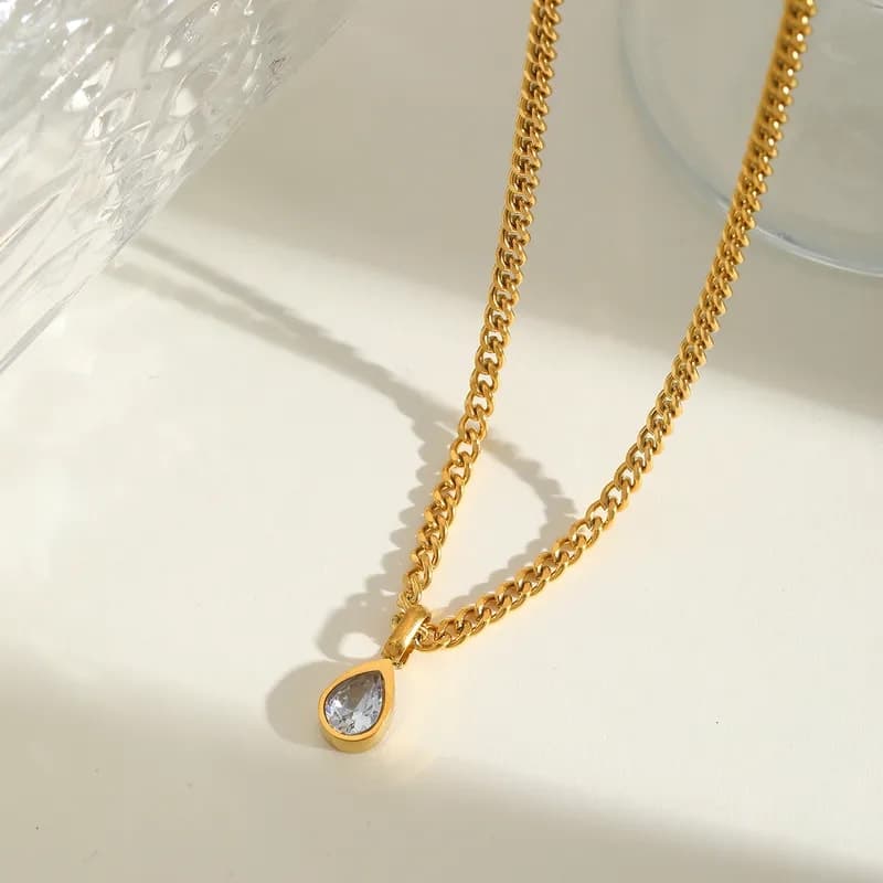 Gold-Tone Cuban Link Chain Necklace with Crystal Pendant for Women & Girls | Minimalist Fashion Jewelry — thumbnail 3