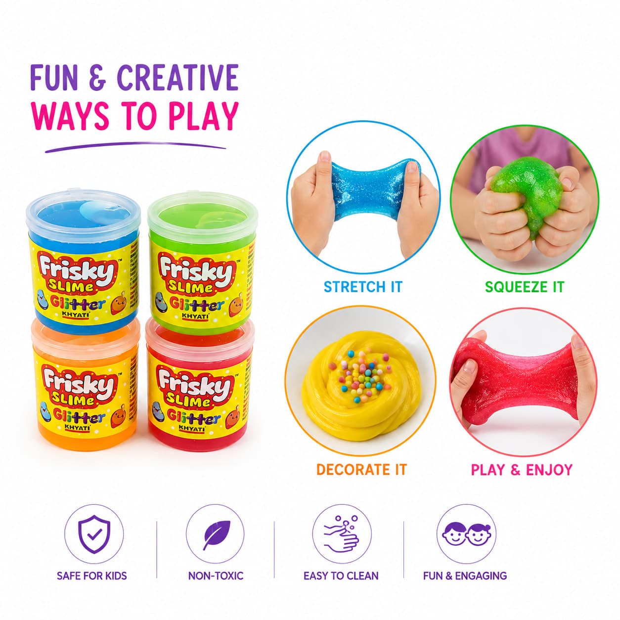 Pack of 4 Glitter Slime for Kids | Soft Stretchy Crystal Slime Toy | Non-Sticky Colorful Sensory Play Slime | DIY Stress Relief Slime Combo — thumbnail 3