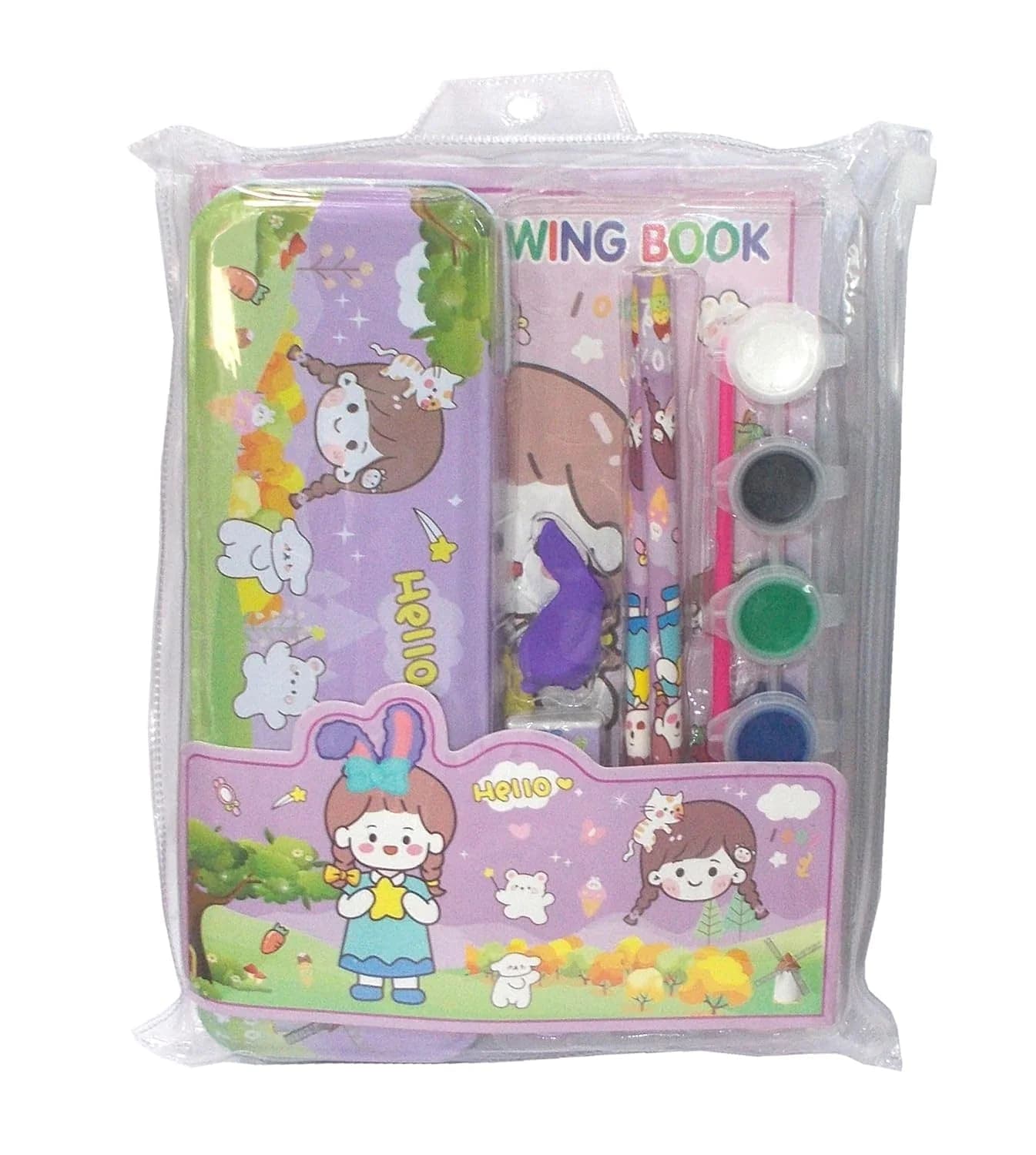 Kids Cartoon Stationery Gift Set with Pencil Box, Notebook, Pencil, Eraser & Watercolor Paint Kit | School Supplies Combo | Pack of 1 — wholesale price India