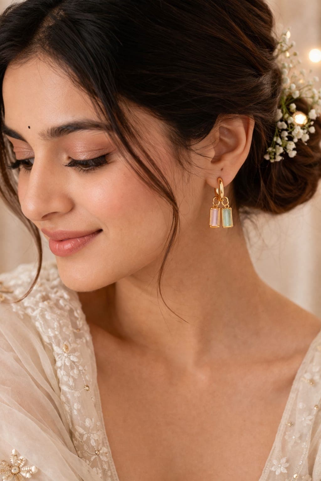 Gold Plated Pastel Crystal Drop Earrings for Women | Elegant Dual Stone Dangle Earrings | Minimalist Party Wear Jewellery — thumbnail 3