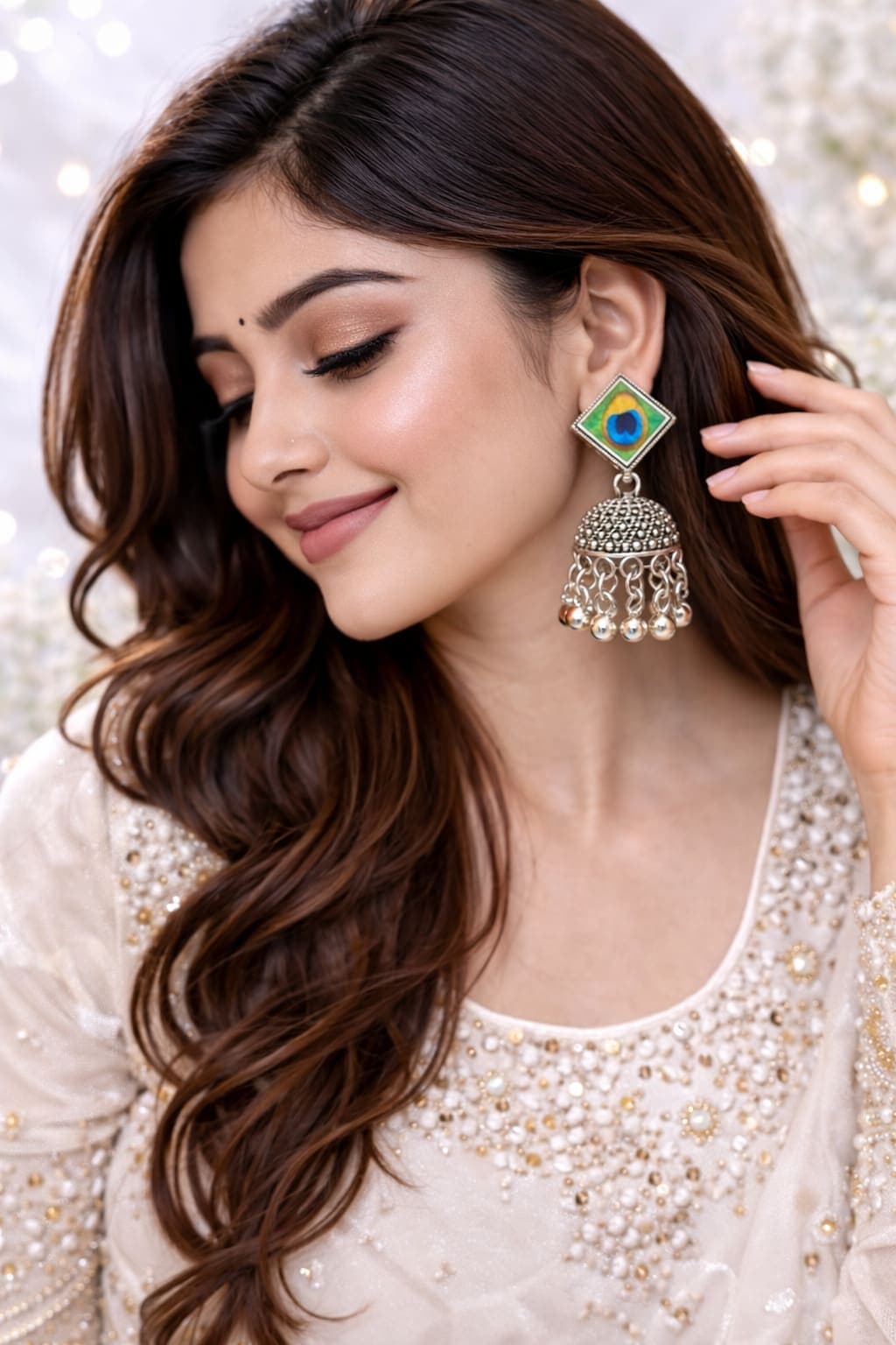 Oxidised Silver Plated Peacock Feather Jhumka Earrings for Women | Traditional Ethnic Dome Dangler Earrings — thumbnail 2