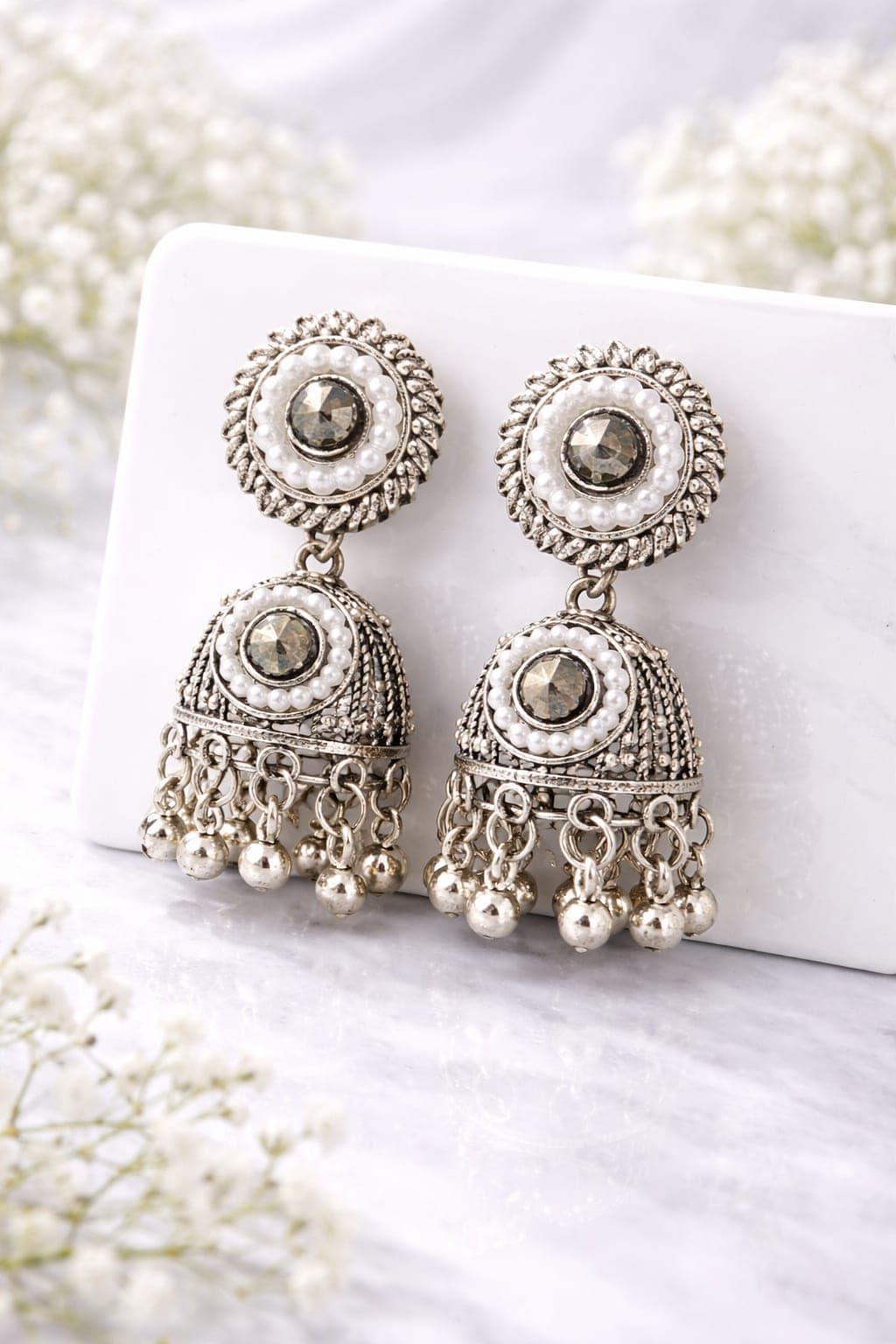 Oxidised Silver Plated Pearl Jhumka Earrings for Women | Traditional Dome Dangler Earrings with Crystal Stone — thumbnail 2