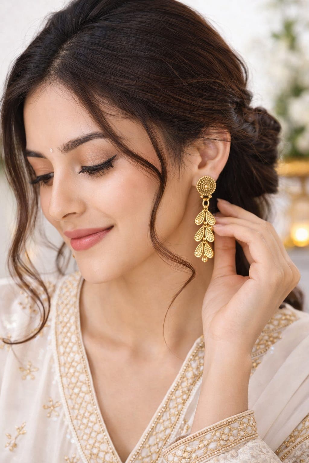 Antique Gold Plated Leaf Drop Earrings for Women | Traditional Ethnic Dangler Earrings | Lightweight Fashion Jewellery — thumbnail 2