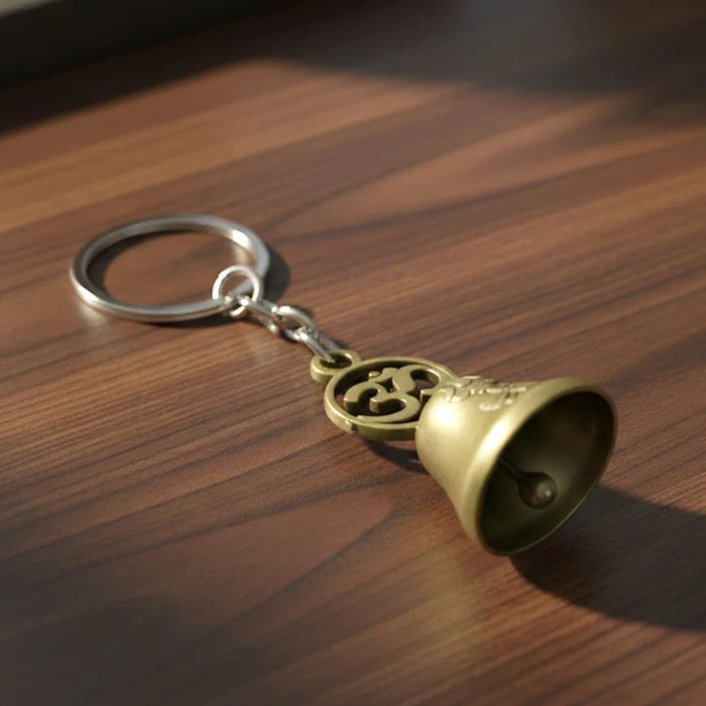 Vintage Brass Finish Bell Keychain with Om Symbol | Metal Lucky Key Ring for Car, Bike, Home & Office Keys | Decorative Religious Key Holder — thumbnail 2