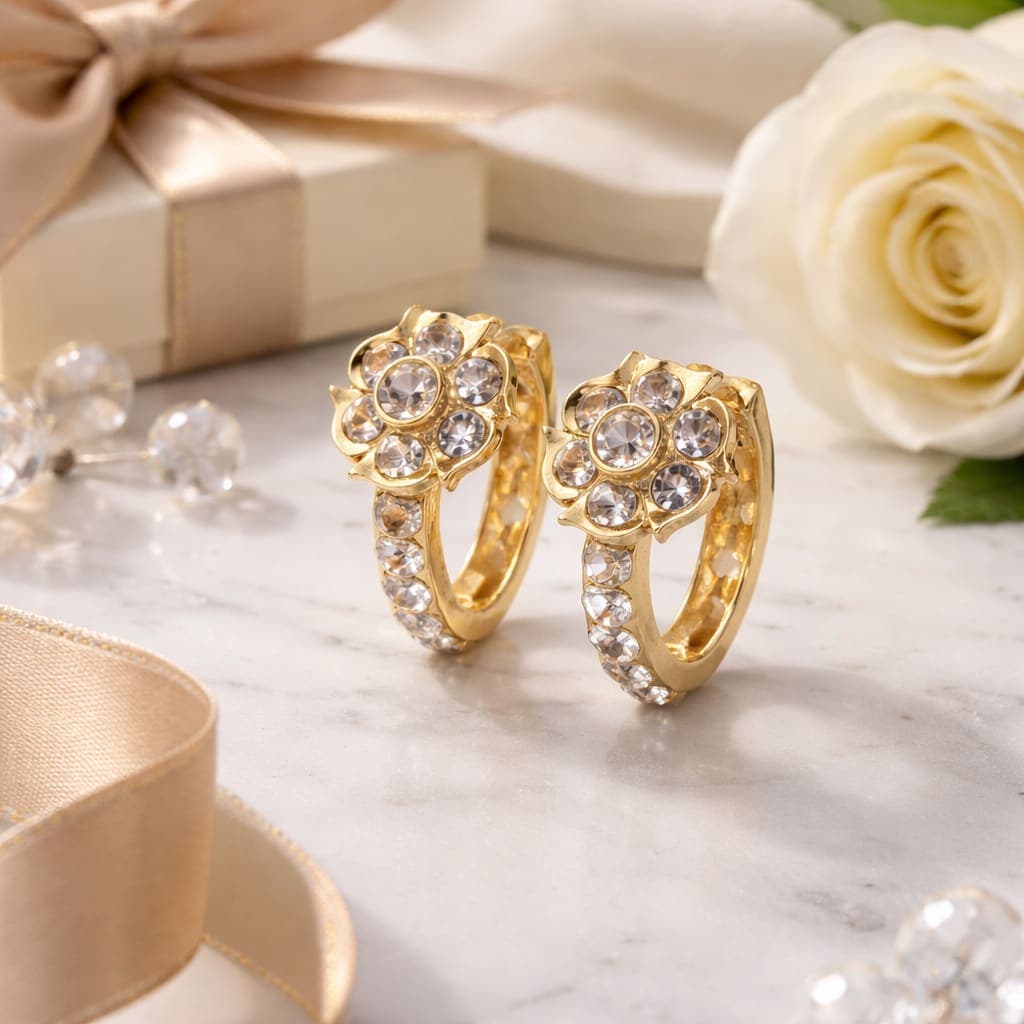 Gold Plated Crystal Floral Hoop Earrings for Women | Elegant Flower Huggie Earrings | Party Wear Jewellery — thumbnail 2