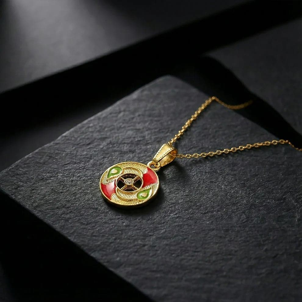 Gold Plated Round Enamel Pendant Necklace for Women & Girls | Designer Circular Charm Chain | Lightweight Daily Wear Fashion Jewelry — thumbnail 2
