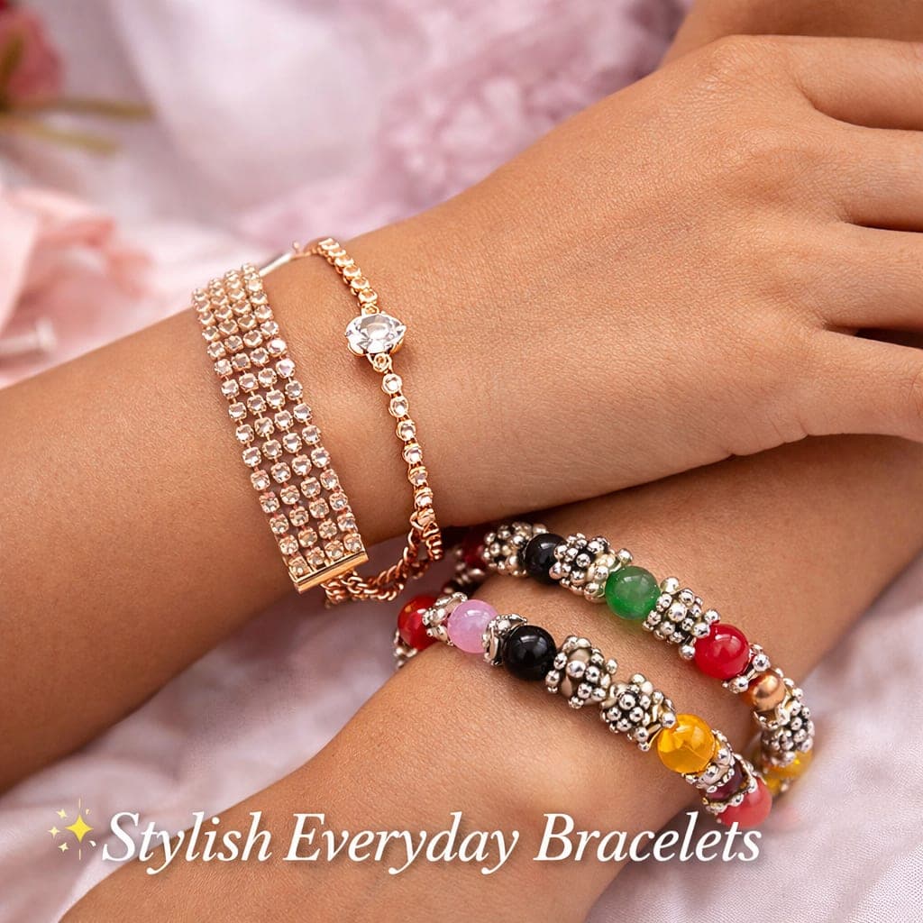 Shringarika Women's Bracelet Combo Pack of 2 | Rose Gold Crystal Bracelet & Multicolor Beaded Stretch Bracelet | Adjustable Fashion Jewellery for Women & Girls — view 1