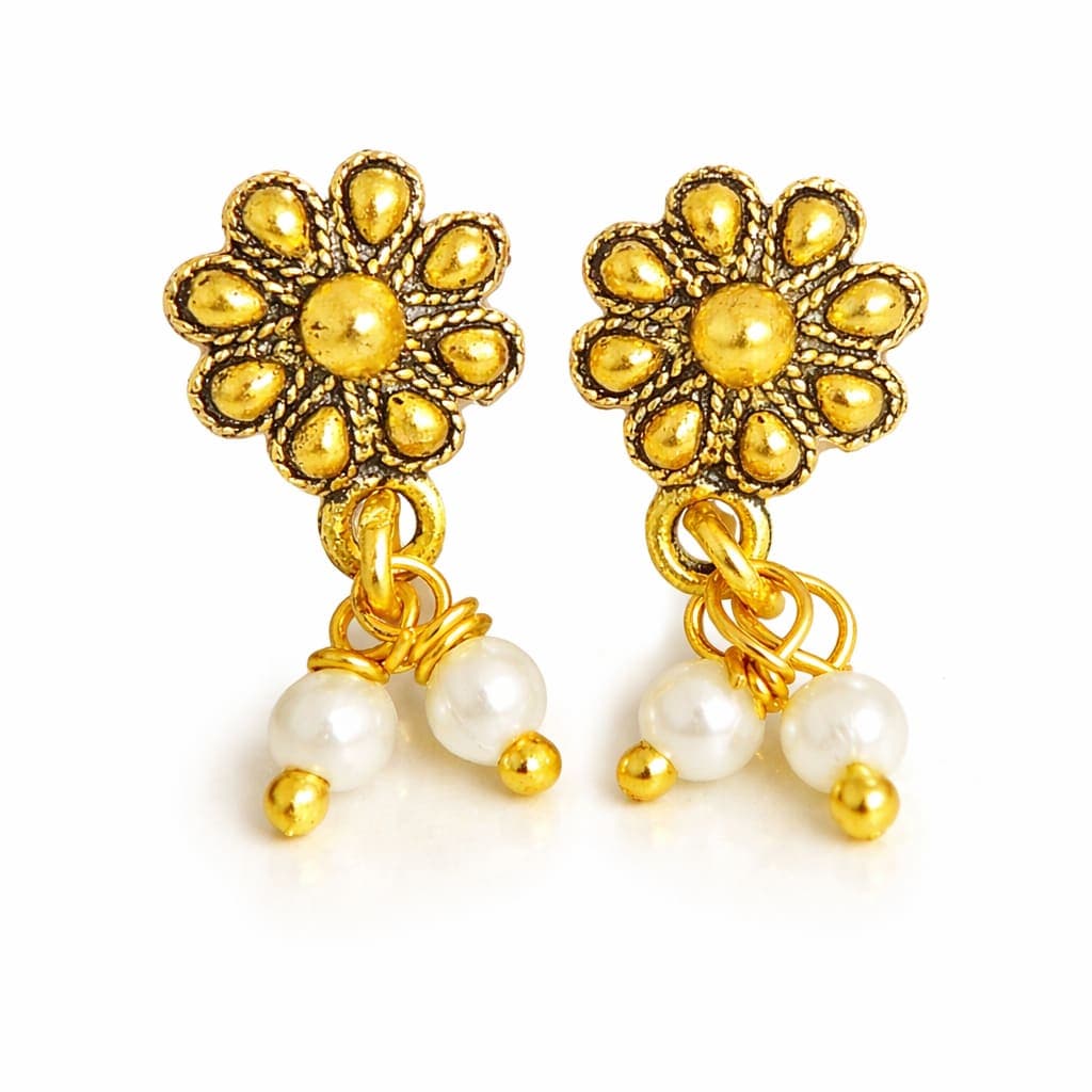 Traditional Oxidized Gold Flower Pearl Drop Stud Earrings for Women & Girls | Lightweight Ethnic Earrings | Pair of 1 — view 1
