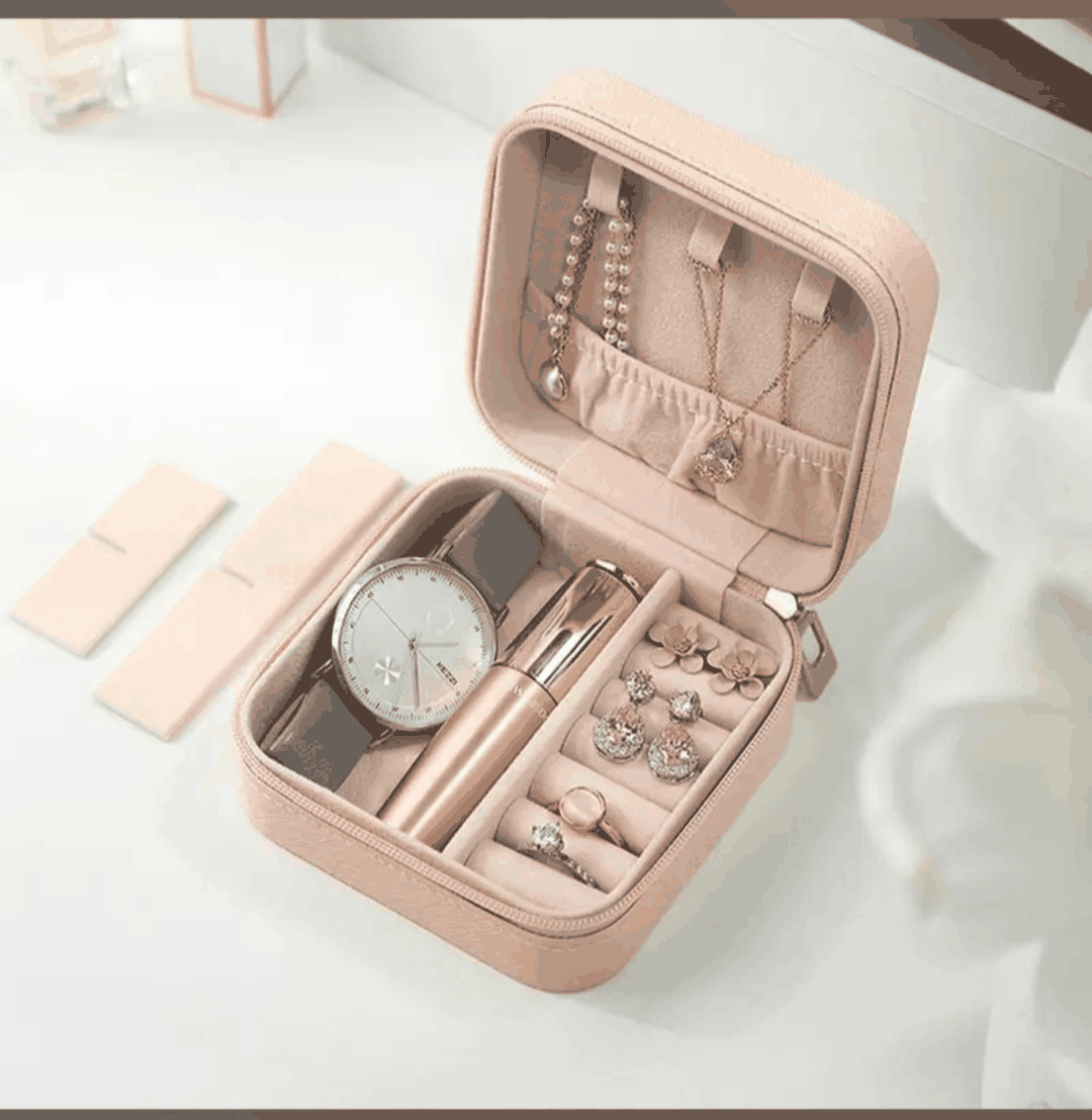Portable Travel Jewelry Organizer Box with Zipper | PU Leather Ring, Earring & Necklace Storage Case | Beige | 1 Pc — view 1