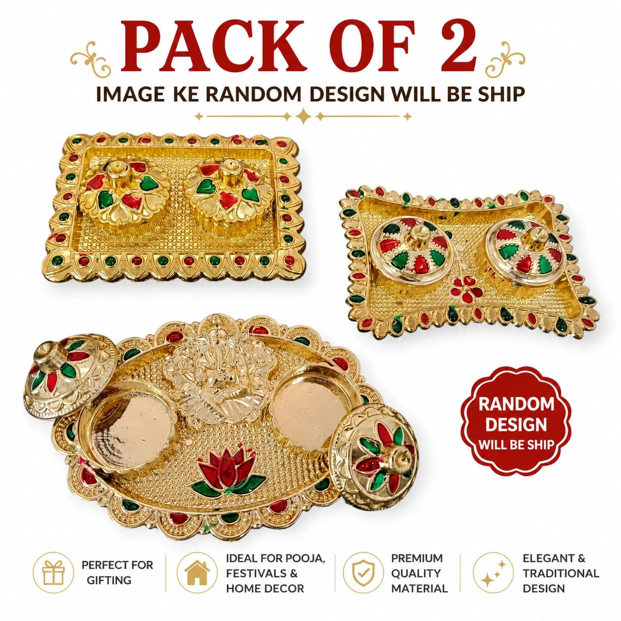 Decorative Kumkum Roli Chawal Plate Set for Pooja | Traditional Haldi Kumkum Holder | Festival Return Gift | Random Design | Pack of 2 — thumbnail 2