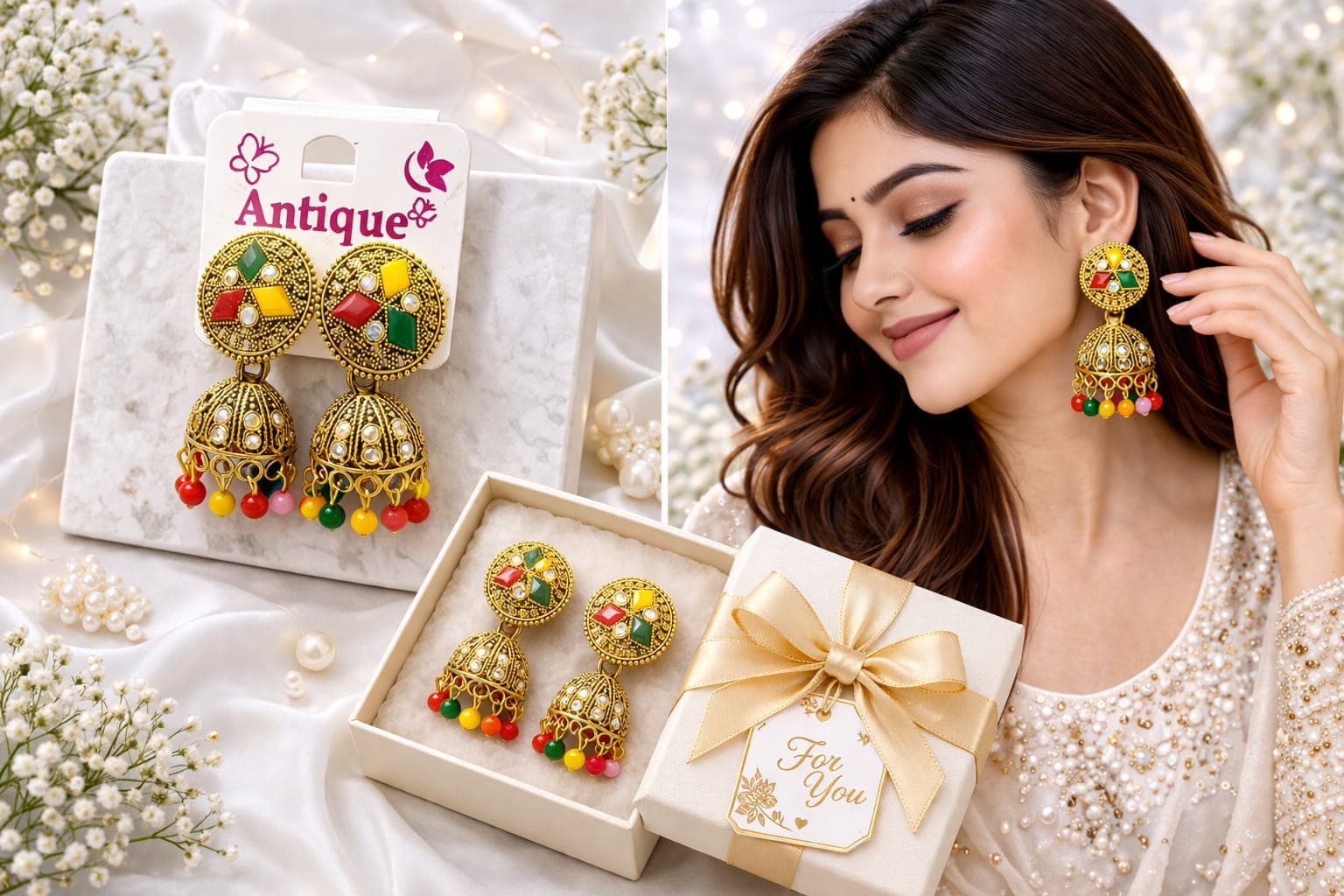 Antique Gold Plated Multicolor Jhumka Earrings for Women | Traditional Ethnic Dome Dangler Earrings with Crystal & Beads — thumbnail 3