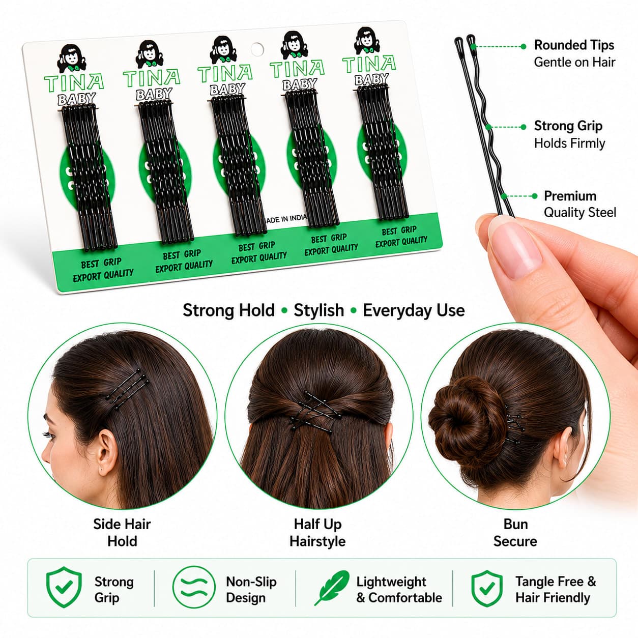 Pack of 5 Black Bobby Pins for Women & Girls | Strong Metal Hair Pins | Everyday Hair Styling Accessories — thumbnail 2