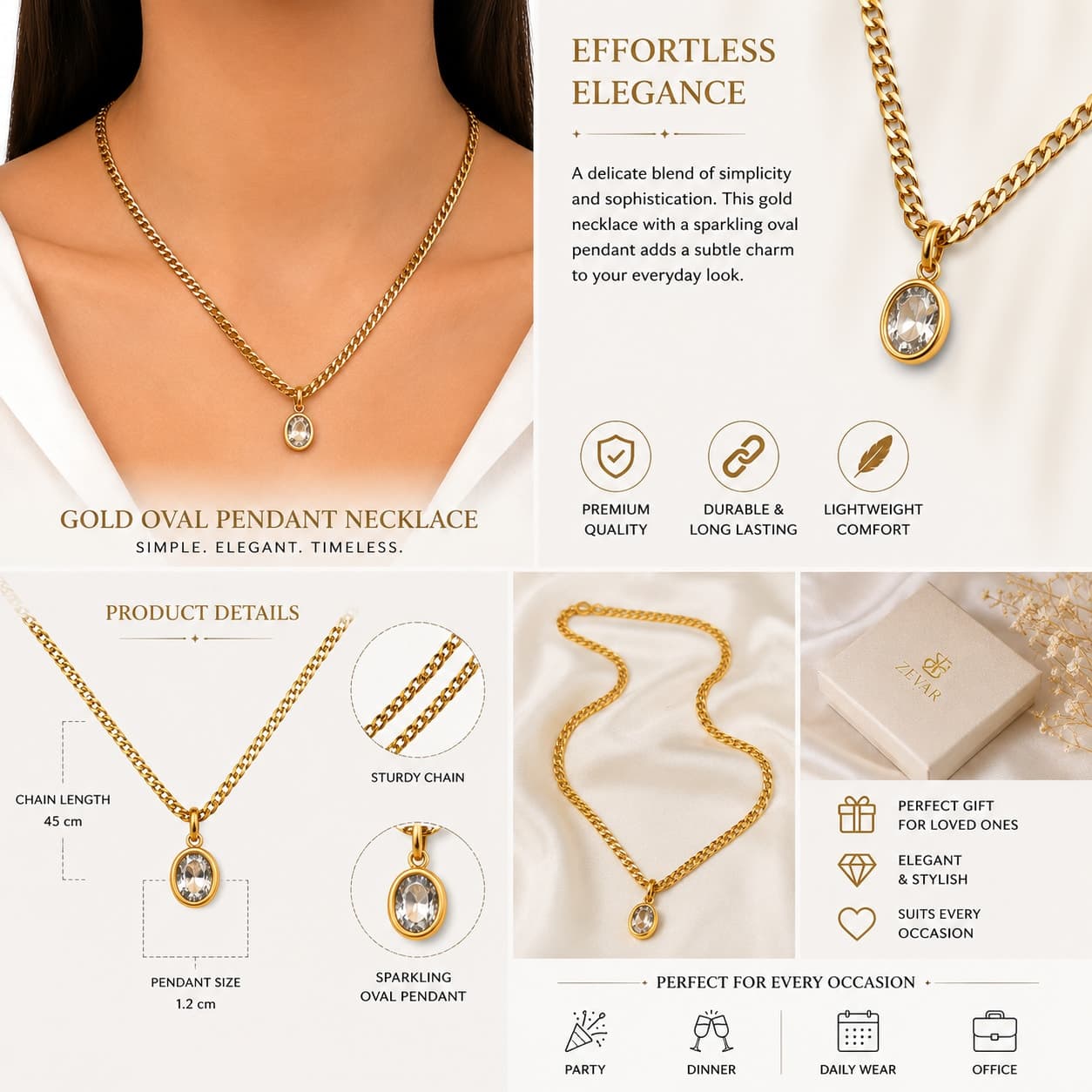 Gold-Tone Cuban Link Chain Necklace with Crystal Pendant for Women & Girls | Minimalist Fashion Jewelry — thumbnail 4