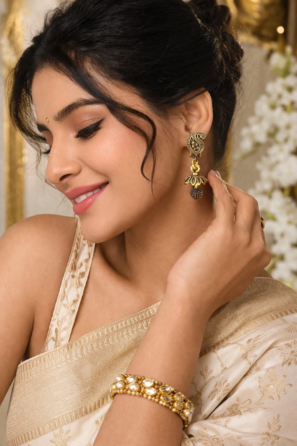 Antique Gold Plated Paisley Drop Earrings for Women | Traditional Ethnic Dangler Earrings | Lightweight Party & Festive Wear — thumbnail 2