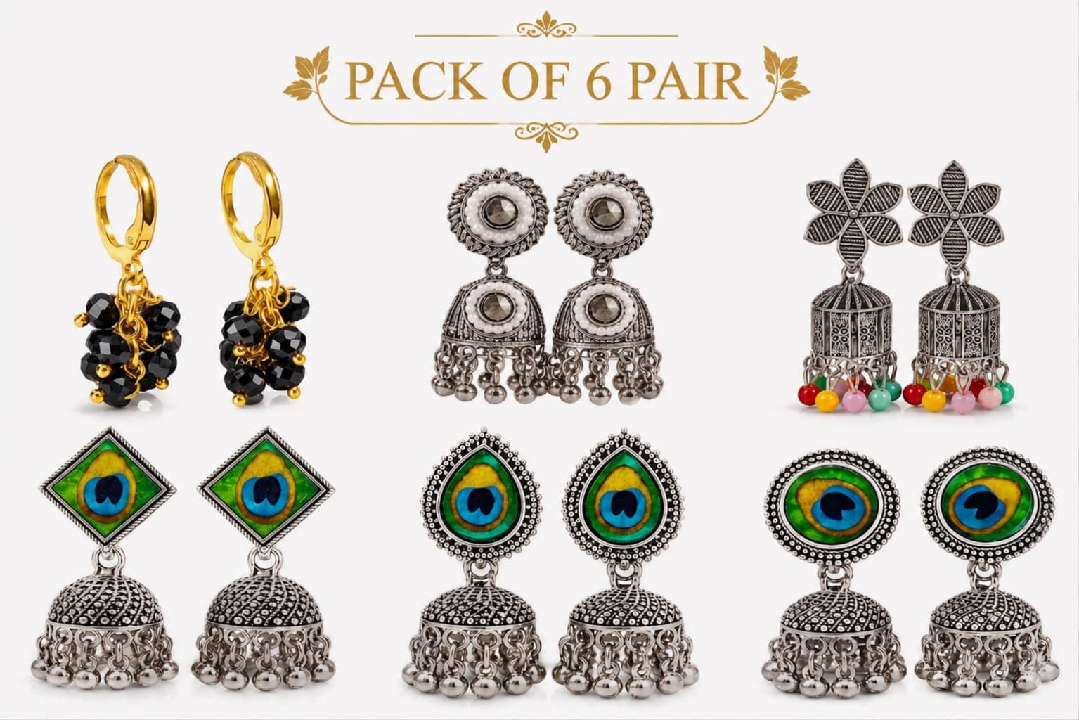 Pack of 6 Pair Oxidised & Gold Plated Earrings Combo for Women & Girls | Peacock, Jhumka, Beaded Hoop & Designer Earrings Set — view 1