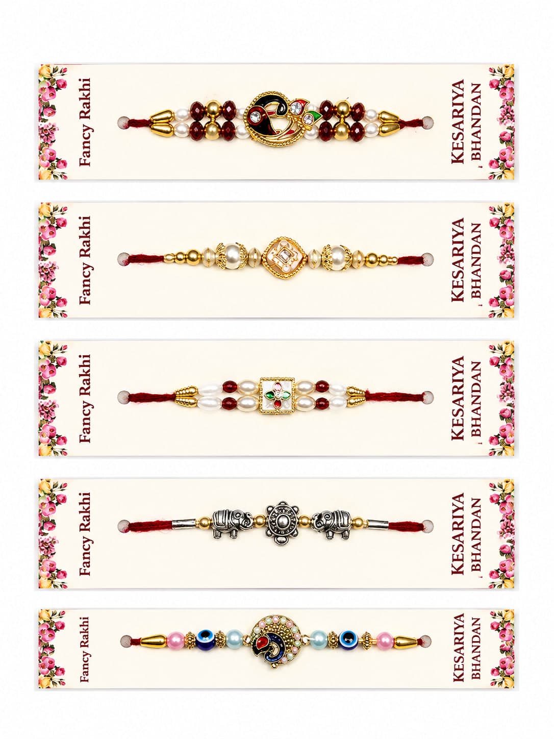 Kesariya Bandhan Premium Fancy Rakhi Set of 5 | Designer Pearl, Evil Eye, Ganesha & Elephant Rakhi Combo | Handcrafted Raksha Bandhan Rakhi for Brother — view 1