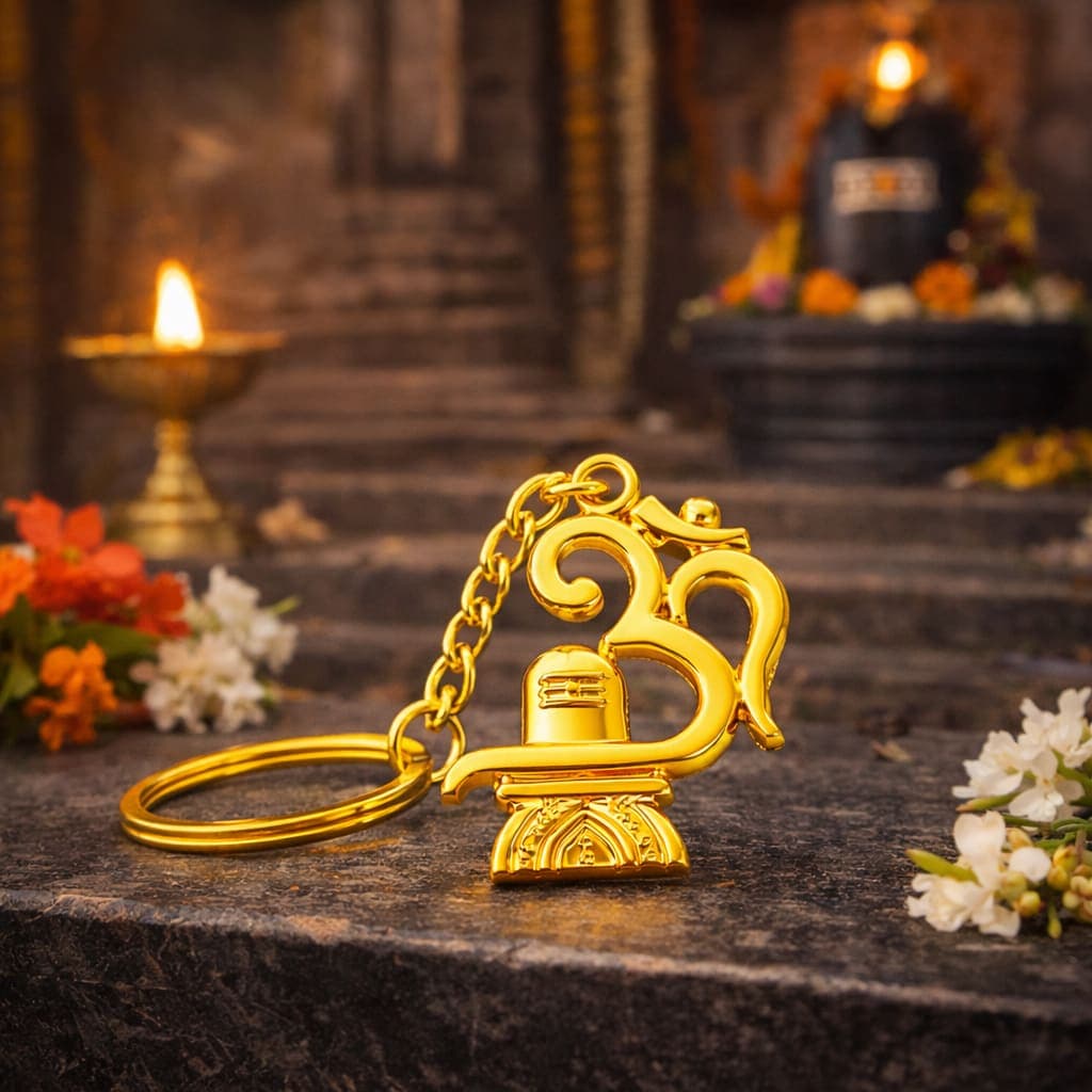 Gold Plated Om Shiv Ling Keychain | Religious Metal Key Ring for Car, Bike, Home & Office Keys | Lucky Spiritual Key Holder Gift — thumbnail 2