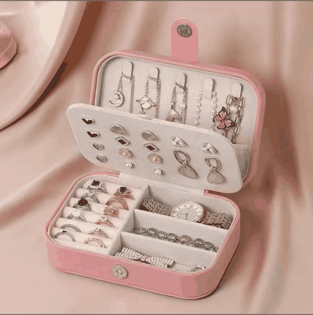 Portable PU Leather Travel Jewelry Organizer Box with Ring Holder, Earring Storage & Necklace Hooks | Pink | 1 Pc — view 1