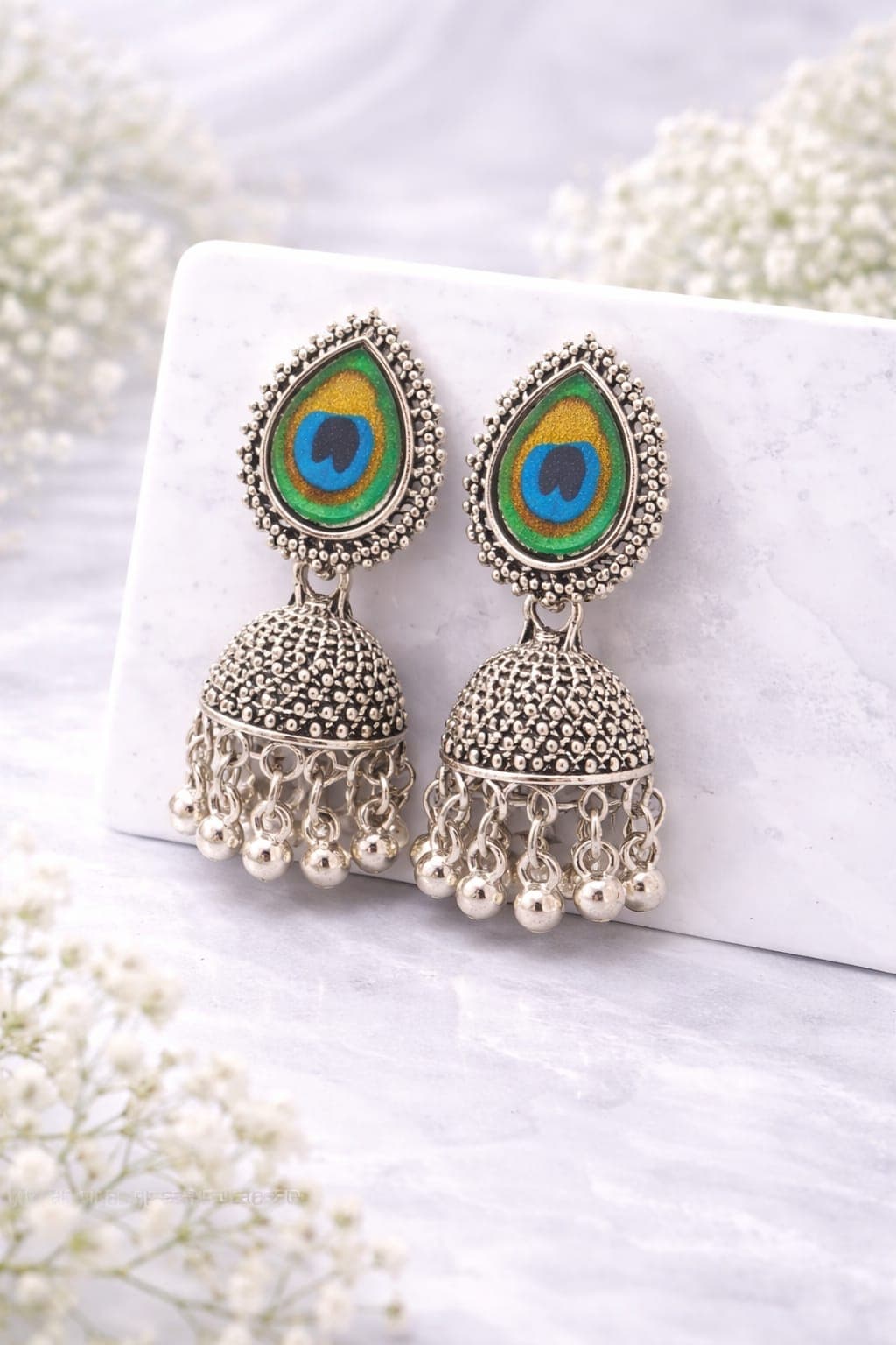 Oxidised Silver Plated Peacock Feather Jhumka Earrings for Women | Traditional Ethnic Dome Dangler Earrings — view 1
