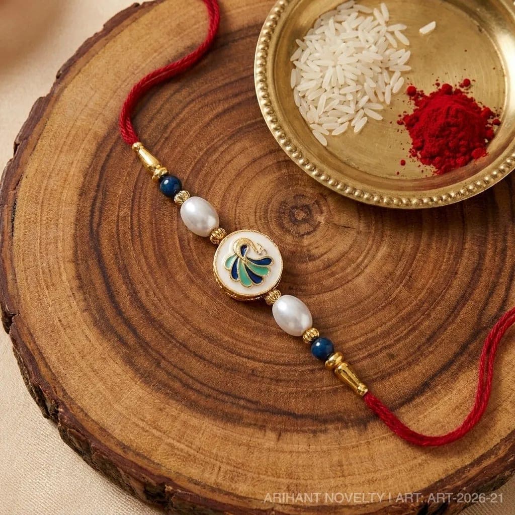 Kesariya Bandhan Premium Peacock Designer Rakhi for Brother | Pearl & Blue Bead Handmade Rakhi | Traditional Raksha Bandhan Rakhi — view 1