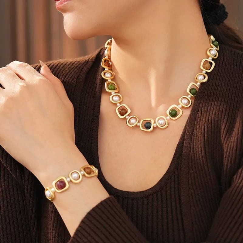 Vintage Pearl & Multicolor Stone Necklace Bracelet Set for Women & Girls | Gold Plated Jewelry Set — view 1