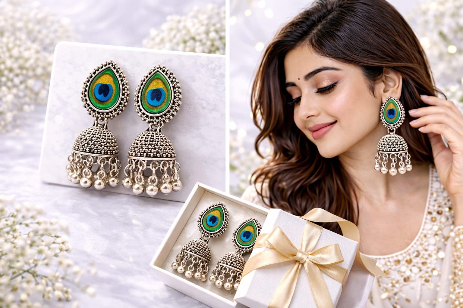 Oxidised Silver Plated Peacock Feather Jhumka Earrings for Women | Traditional Ethnic Dome Dangler Earrings — thumbnail 3