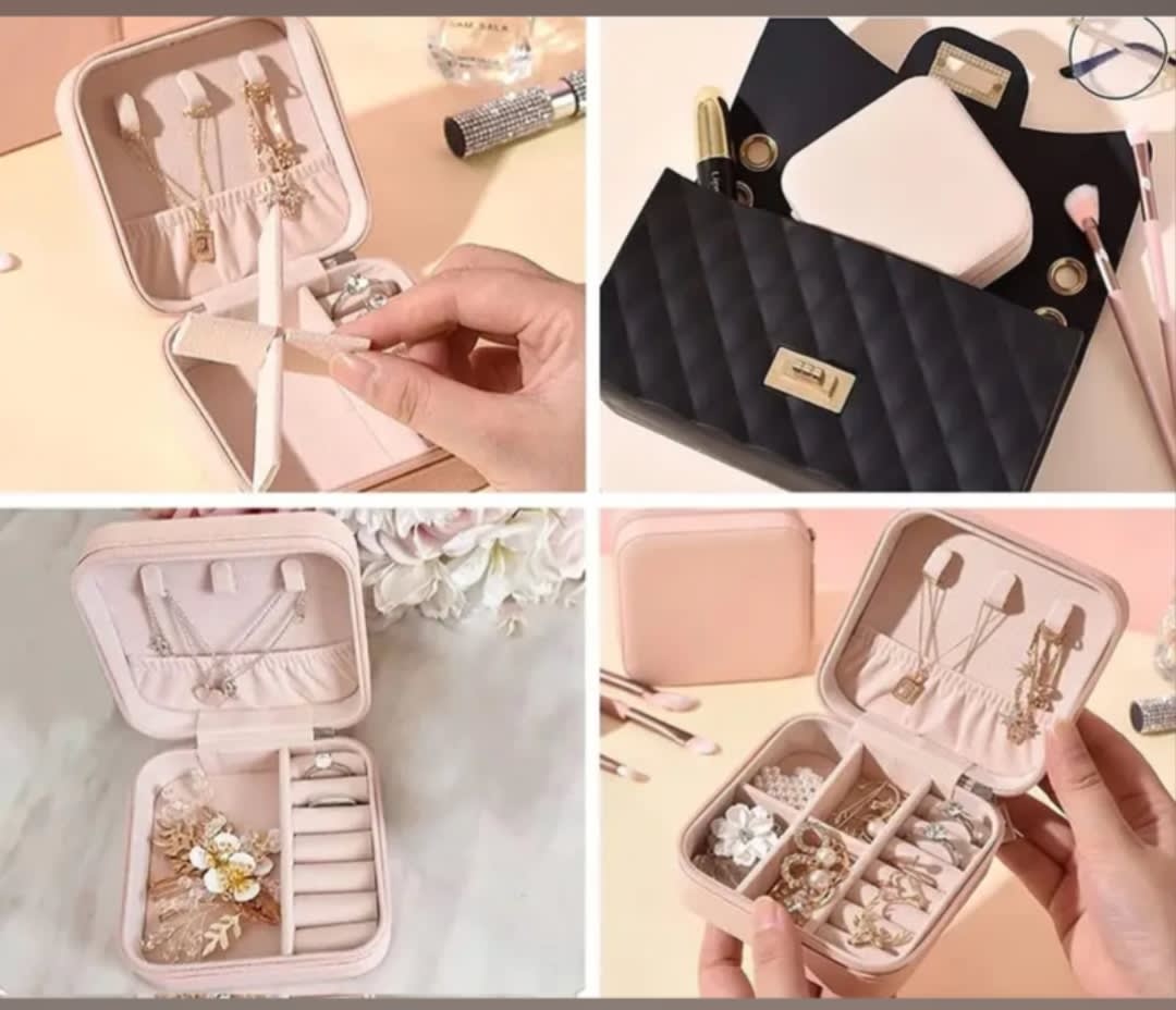 Portable Travel Jewelry Organizer Box with Zipper | PU Leather Ring, Earring & Necklace Storage Case | Beige | 1 Pc — thumbnail 2