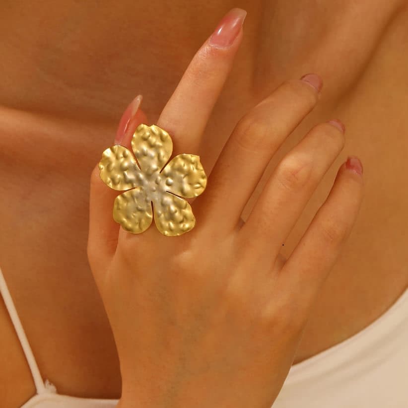 Elegant Gold-Tone Floral Statement Ring for Women & Girls | Adjustable Flower Finger Ring — thumbnail 3
