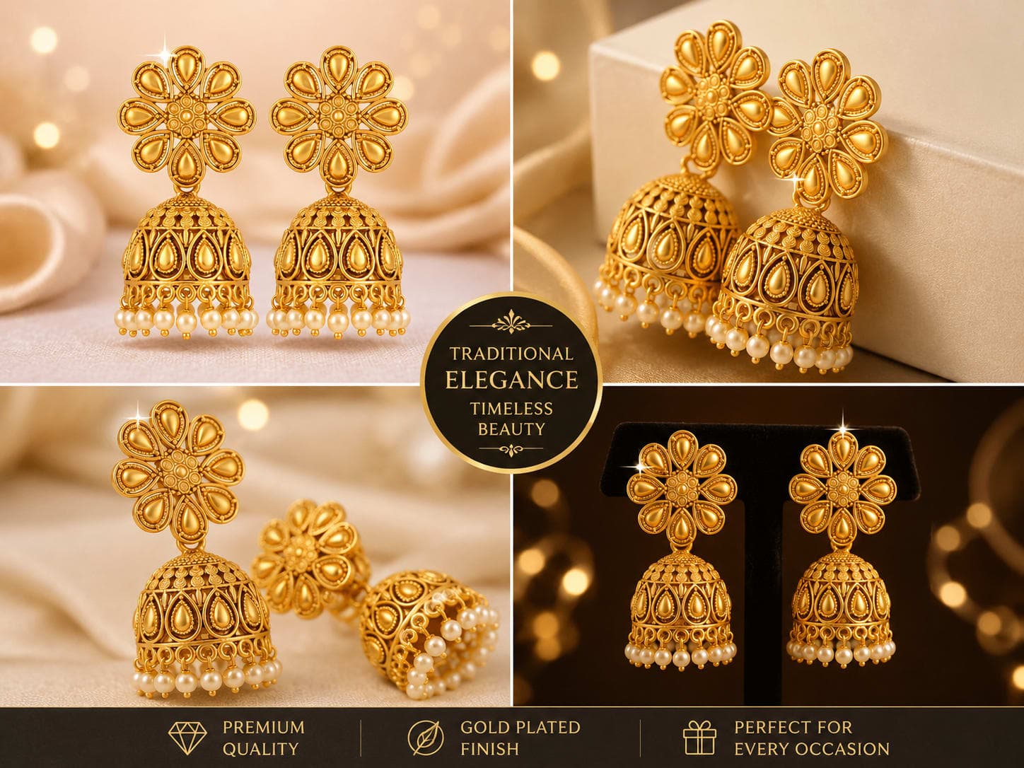Gold Plated Floral Jhumka Earrings for Women & Girls | Traditional Ethnic Pearl Drop Earrings | 1 Pair — thumbnail 3
