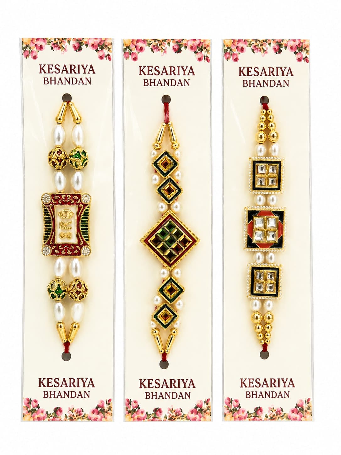 Kesariya Bandhan Premium Fancy Rakhi Set of 3 | Designer Kundan, Meenakari & BRO Rakhi Combo | Handcrafted Raksha Bandhan Rakhi for Brother — view 1