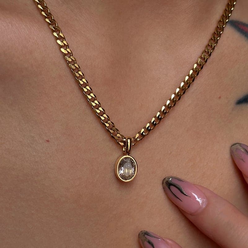 Gold-Tone Cuban Link Chain Necklace with Crystal Pendant for Women & Girls | Minimalist Fashion Jewelry — thumbnail 2