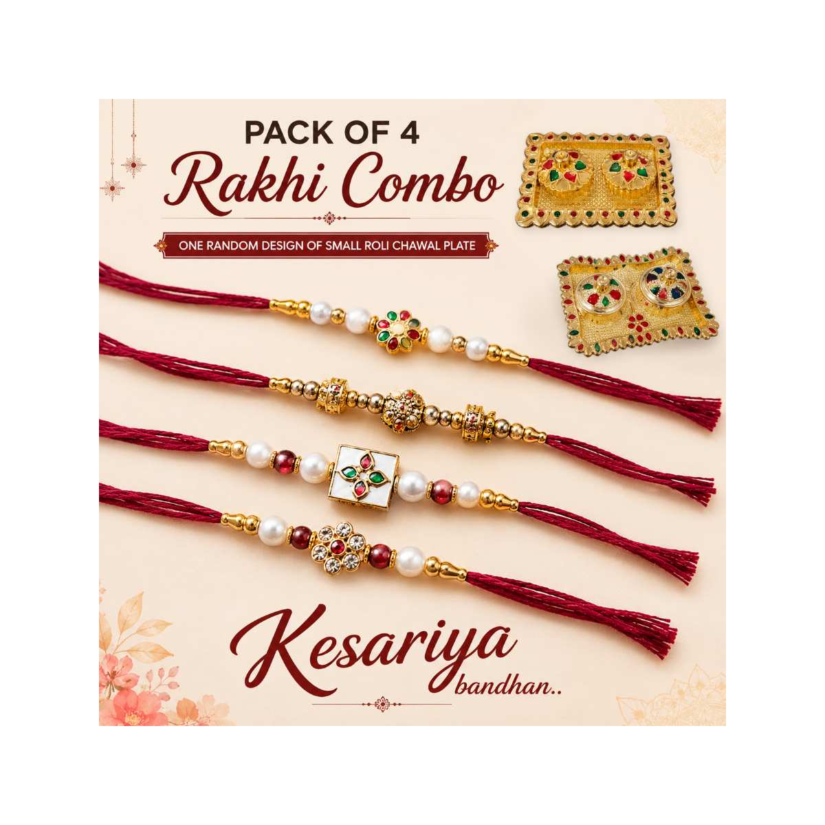 Kesariya Bandhan Premium Fancy Rakhi Combo Pack of 4 with Free Random Design Roli Chawal Plate | Designer Pearl Rakhi Set for Raksha Bandhan — view 1