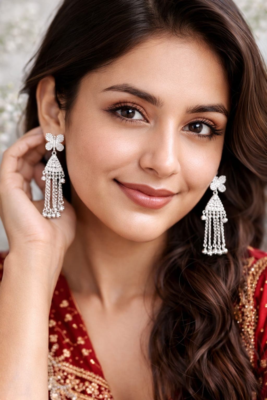 Silver Butterfly Tassel Earrings for Women | Crystal Stud Long Chain Drop Earrings | Party Wear Fashion Jewellery — view 1