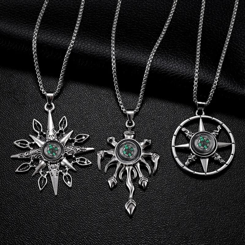 Vintage Compass Star Pendant Necklace for Women & Men | Silver-Tone Statement Chain Necklace — thumbnail 3