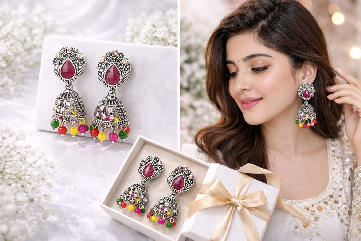 Oxidised Silver Plated Multicolor Beaded Jhumka Earrings for Women | Traditional Ethnic Dangler Earrings with Ruby Red Stone — thumbnail 3