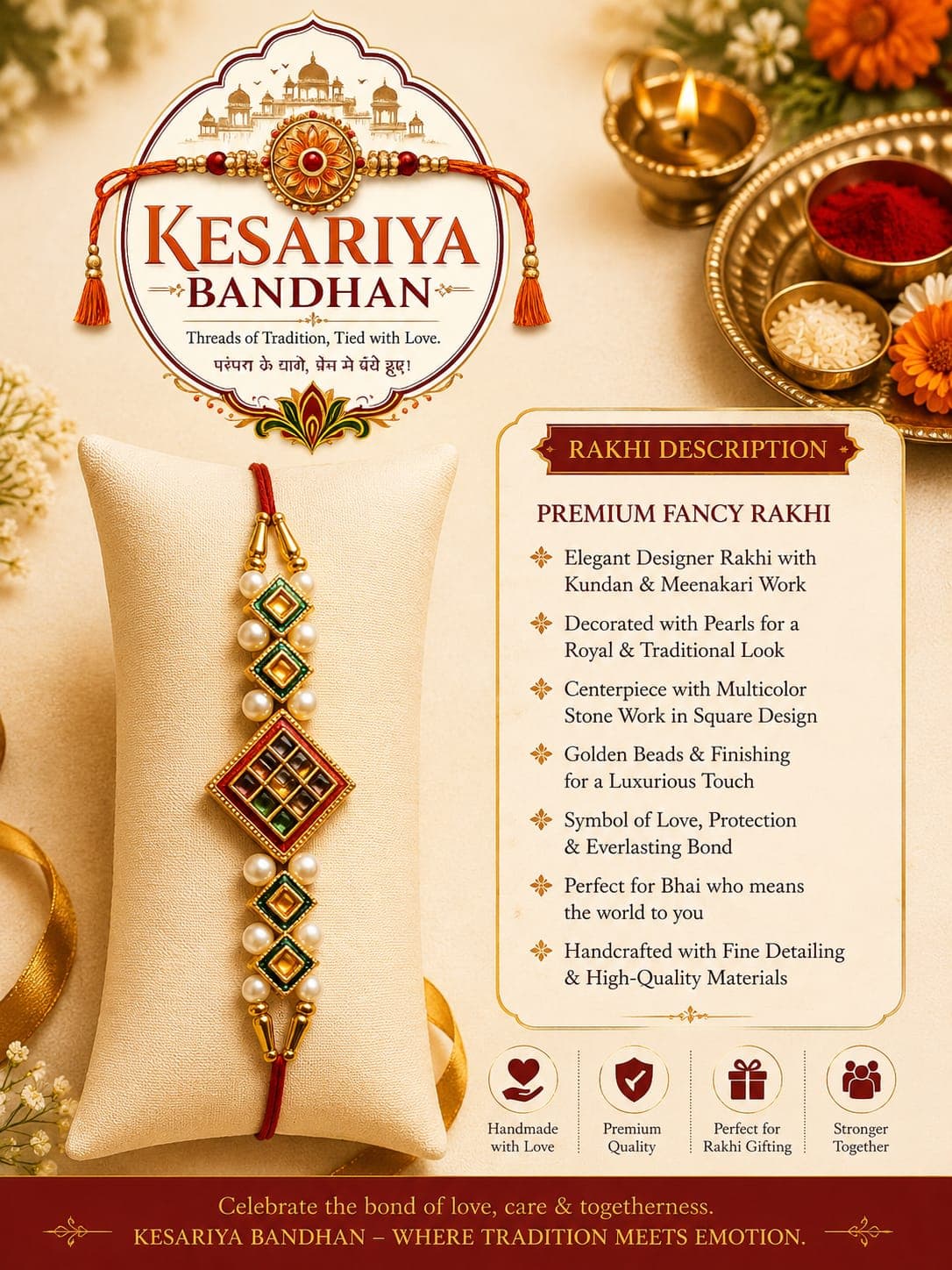 Kesariya Bandhan Premium Fancy Designer Rakhi | Kundan Meenakari & Pearl Work Rakhi | Handcrafted Raksha Bandhan Rakhi for Brother — wholesale price India