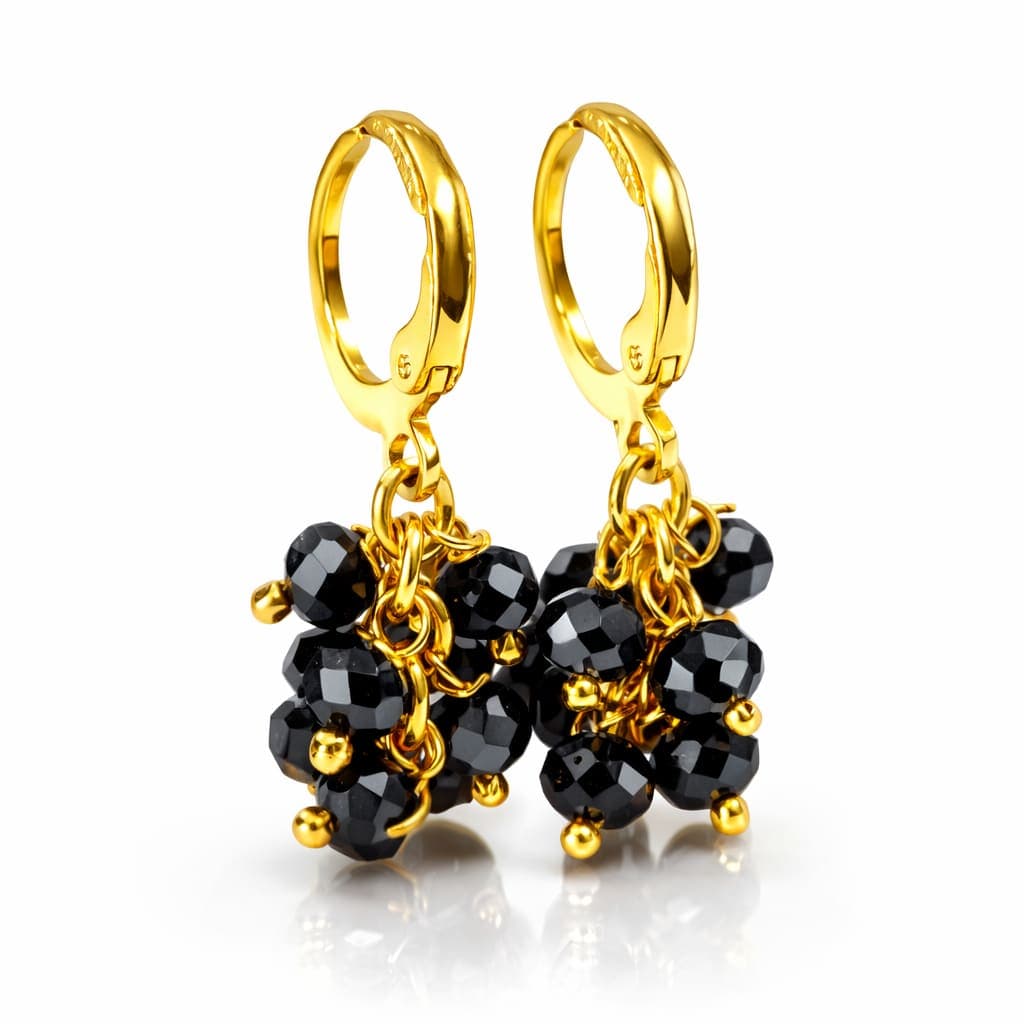 Black Crystal Beaded Gold Plated Hoop Drop Earrings for Women & Girls | Elegant Cluster Dangle Earrings | Pair of 1 — view 1