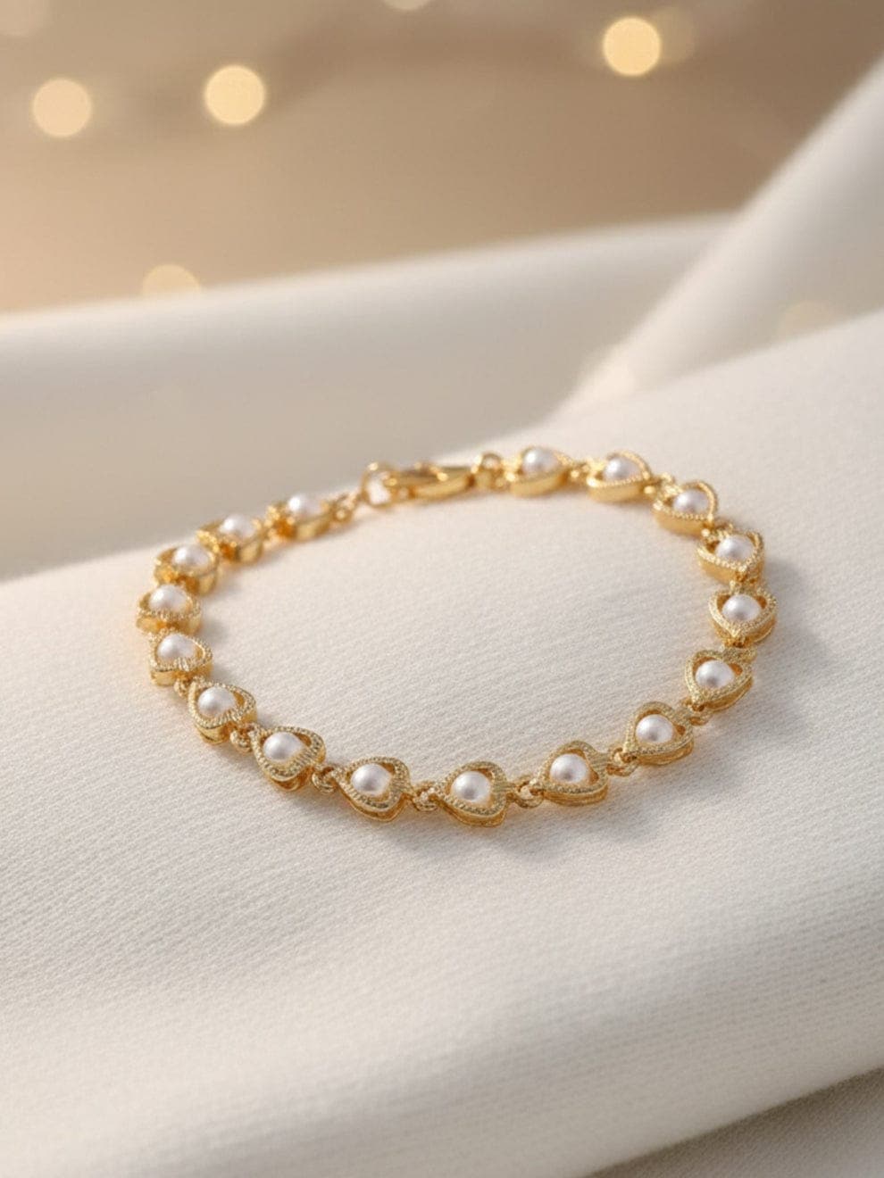 Pearl Heart Gold Plated Adjustable Bracelet for Women | Elegant Heart Link Bracelet — view 1