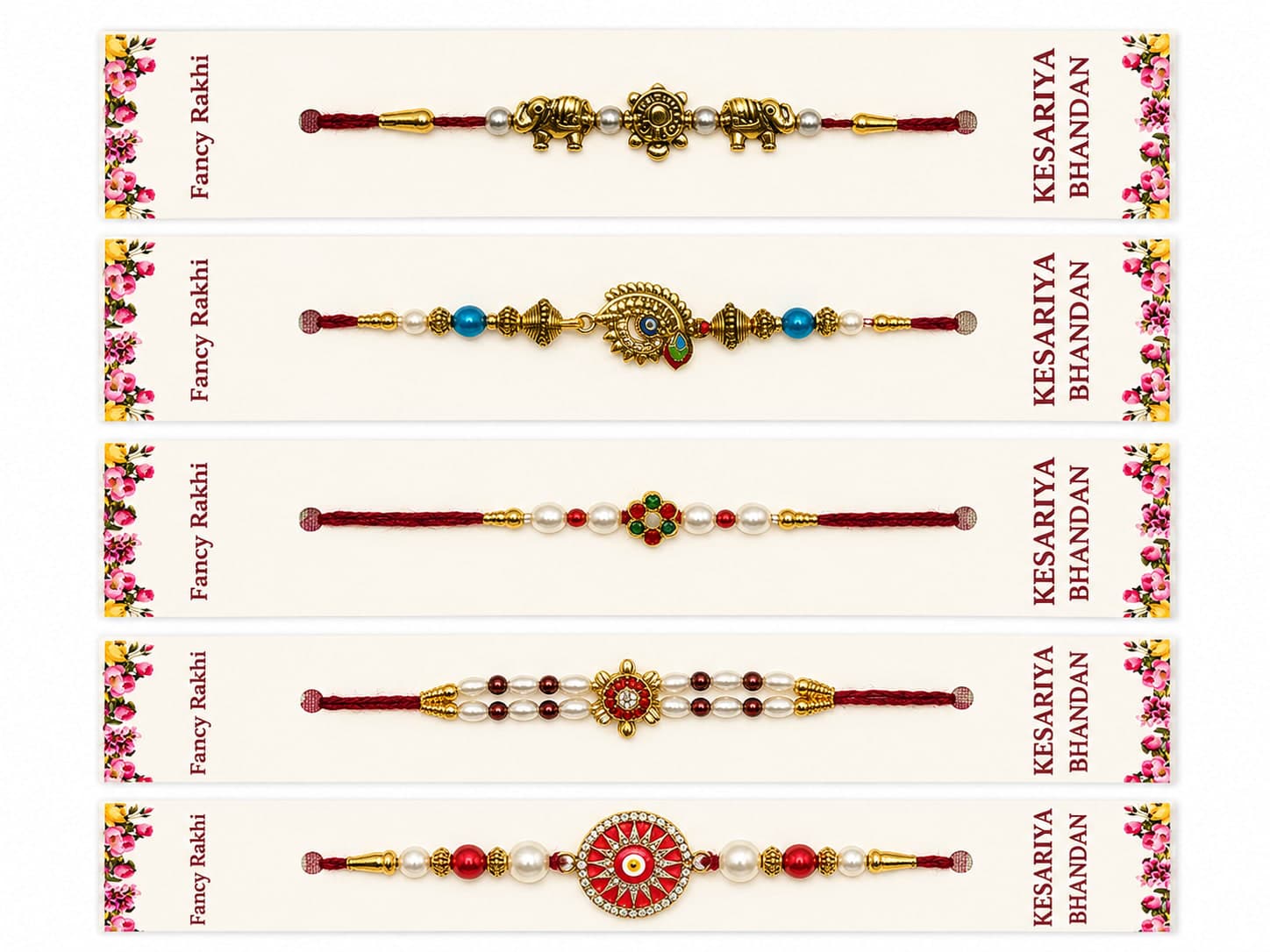 Kesariya Bandhan Premium Fancy Rakhi Set of 5 | Elephant, Peacock, Floral & Pearl Designer Rakhi Combo | Handcrafted Raksha Bandhan Rakhi for Brother — view 1