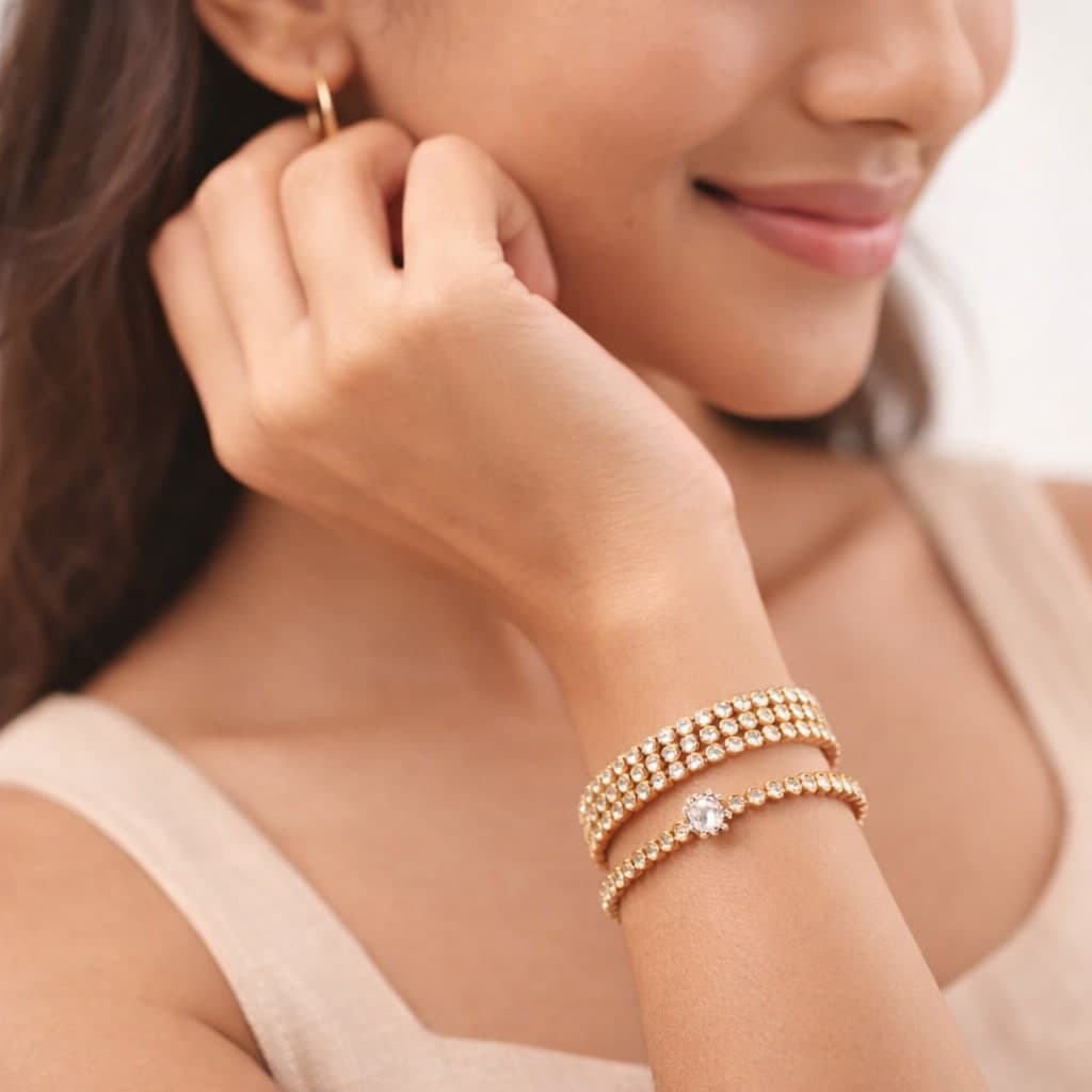 Shringarika Women's Bracelet Combo Pack of 2 | Rose Gold Crystal Bracelet & Multicolor Beaded Stretch Bracelet | Adjustable Fashion Jewellery for Women & Girls — thumbnail 3