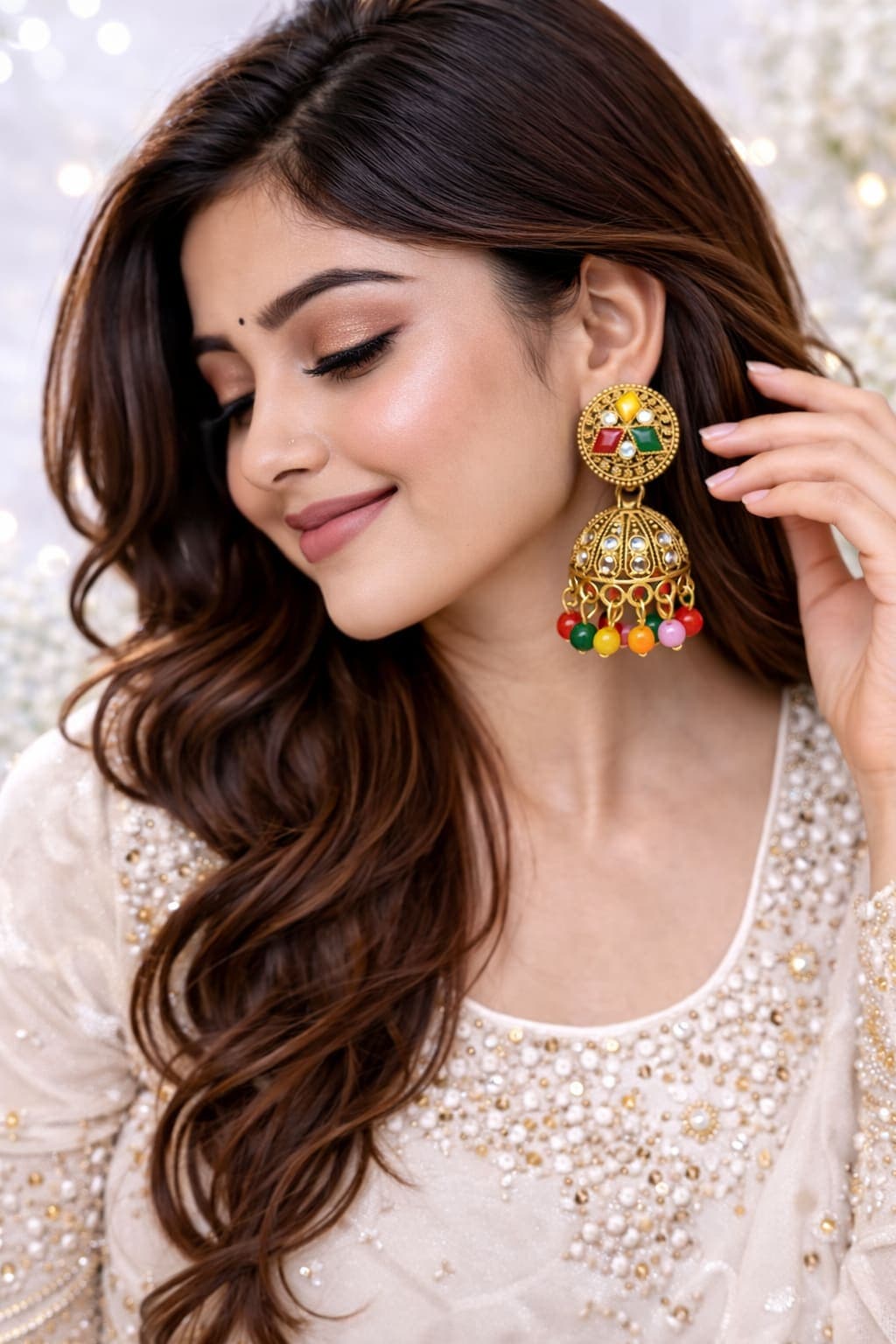Antique Gold Plated Multicolor Jhumka Earrings for Women | Traditional Ethnic Dome Dangler Earrings with Crystal & Beads — view 1