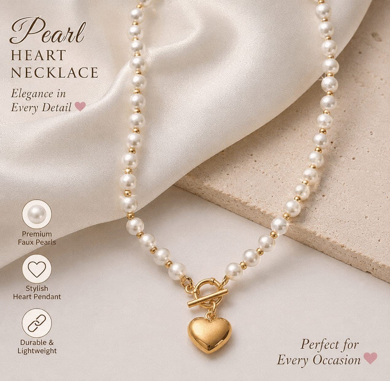 Elegant Pearl Beaded Heart Pendant Necklace for Women & Girls | Gold-Tone Chain | Fashion Jewelry — thumbnail 2