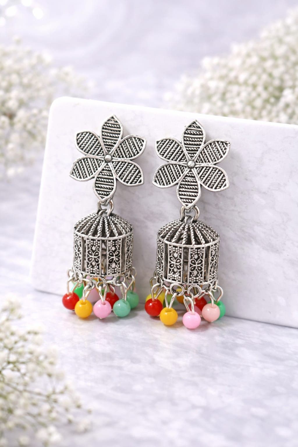 Oxidised Silver Plated Floral Jhumka Earrings for Women | Multicolor Beaded Ethnic Dangler Earrings — view 1