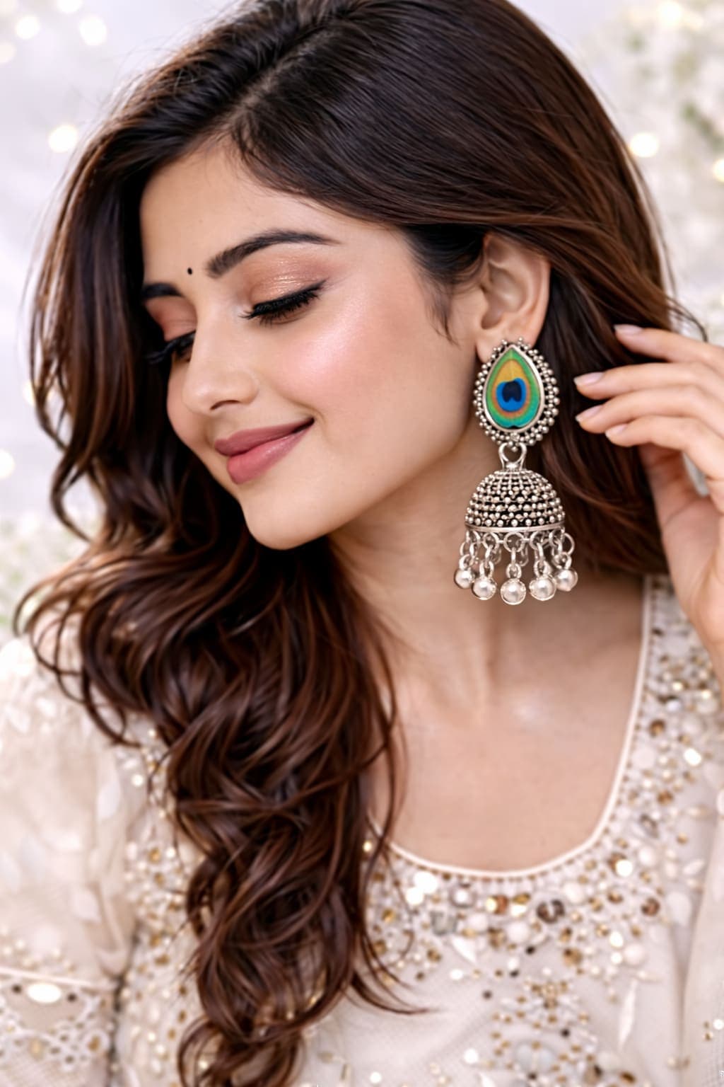 Oxidised Silver Plated Peacock Feather Jhumka Earrings for Women | Traditional Ethnic Dome Dangler Earrings — thumbnail 2