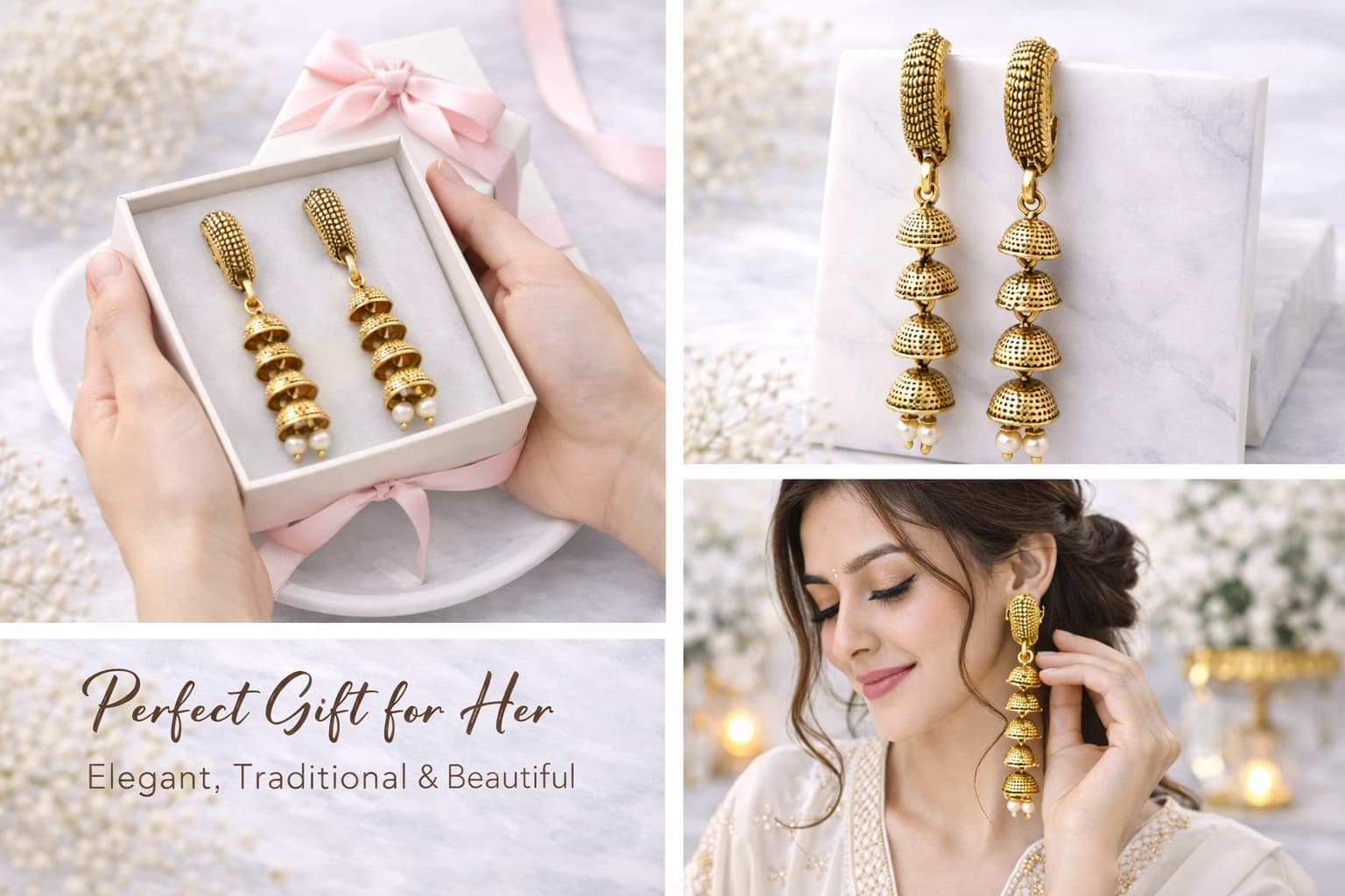 Antique Gold Plated Multi Dome Jhumka Drop Earrings for Women | Traditional Ethnic Dangler Earrings with Pearl Accents — thumbnail 2
