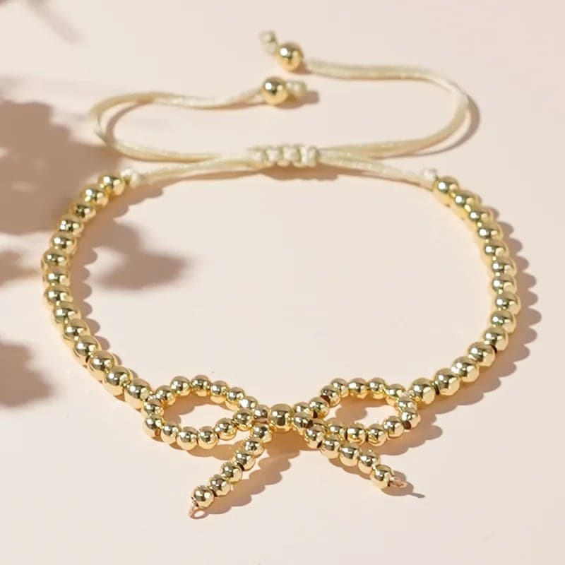 Adjustable Gold Beaded Crystal Bow Bracelet for Women & Girls | Elegant Hand Bracelet — thumbnail 3