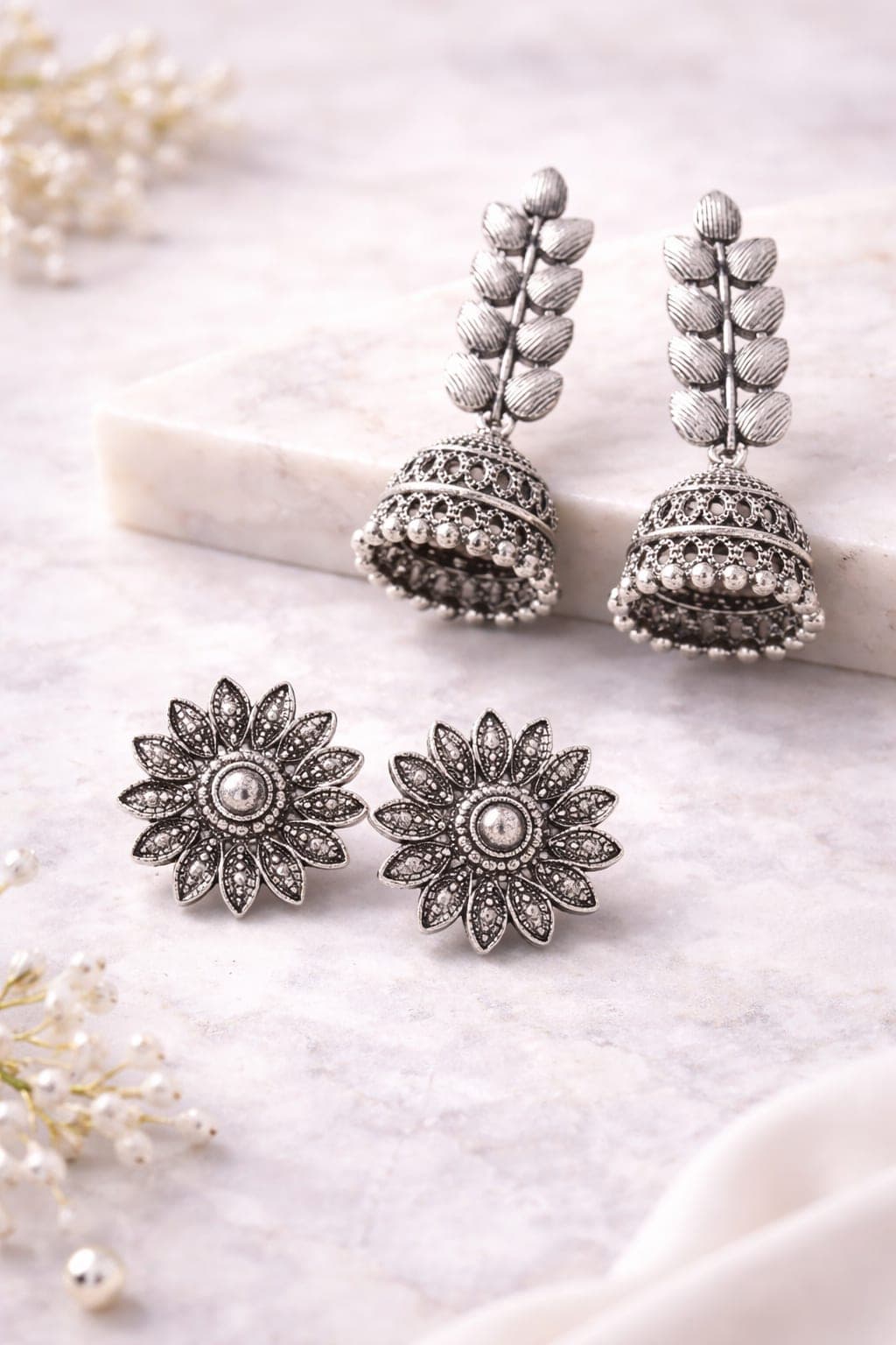 Shringarika Oxidised Silver Earrings Combo Pack of 3 for Women & Girls | Kashmiri Jhumka, Korean Stud & Traditional Party Wear Earrings — thumbnail 3