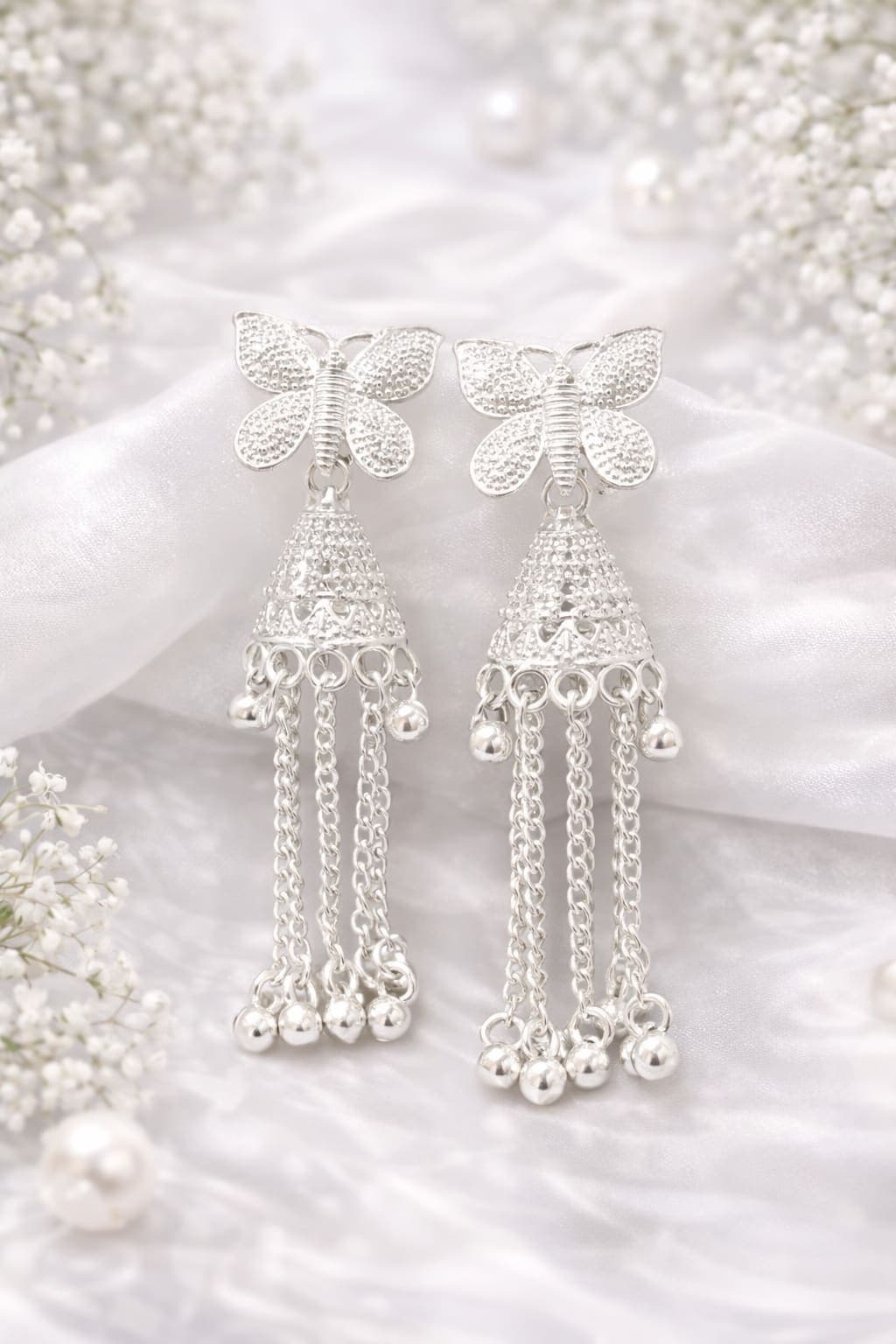 Silver Butterfly Tassel Earrings for Women | Crystal Stud Long Chain Drop Earrings | Party Wear Fashion Jewellery — thumbnail 3